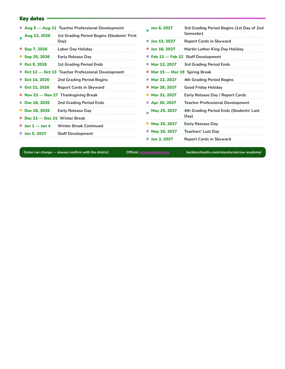 Arrow Academy Calendar for the Year 26-27 — key dates