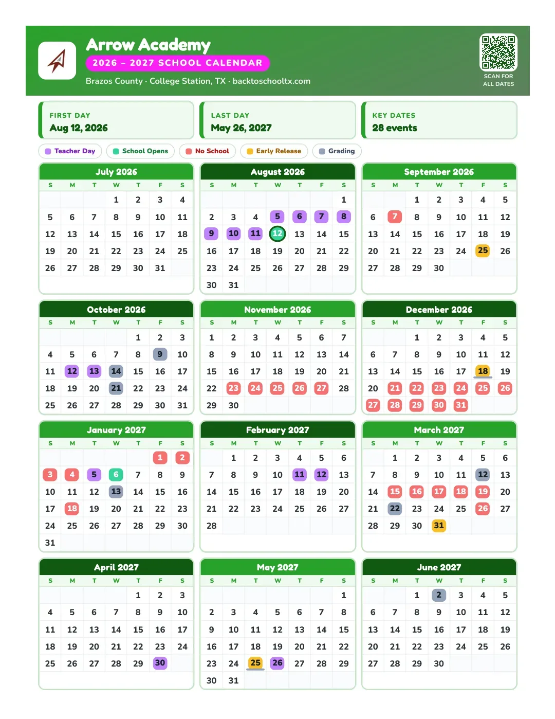 Arrow Academy Calendar for the Year 26-27