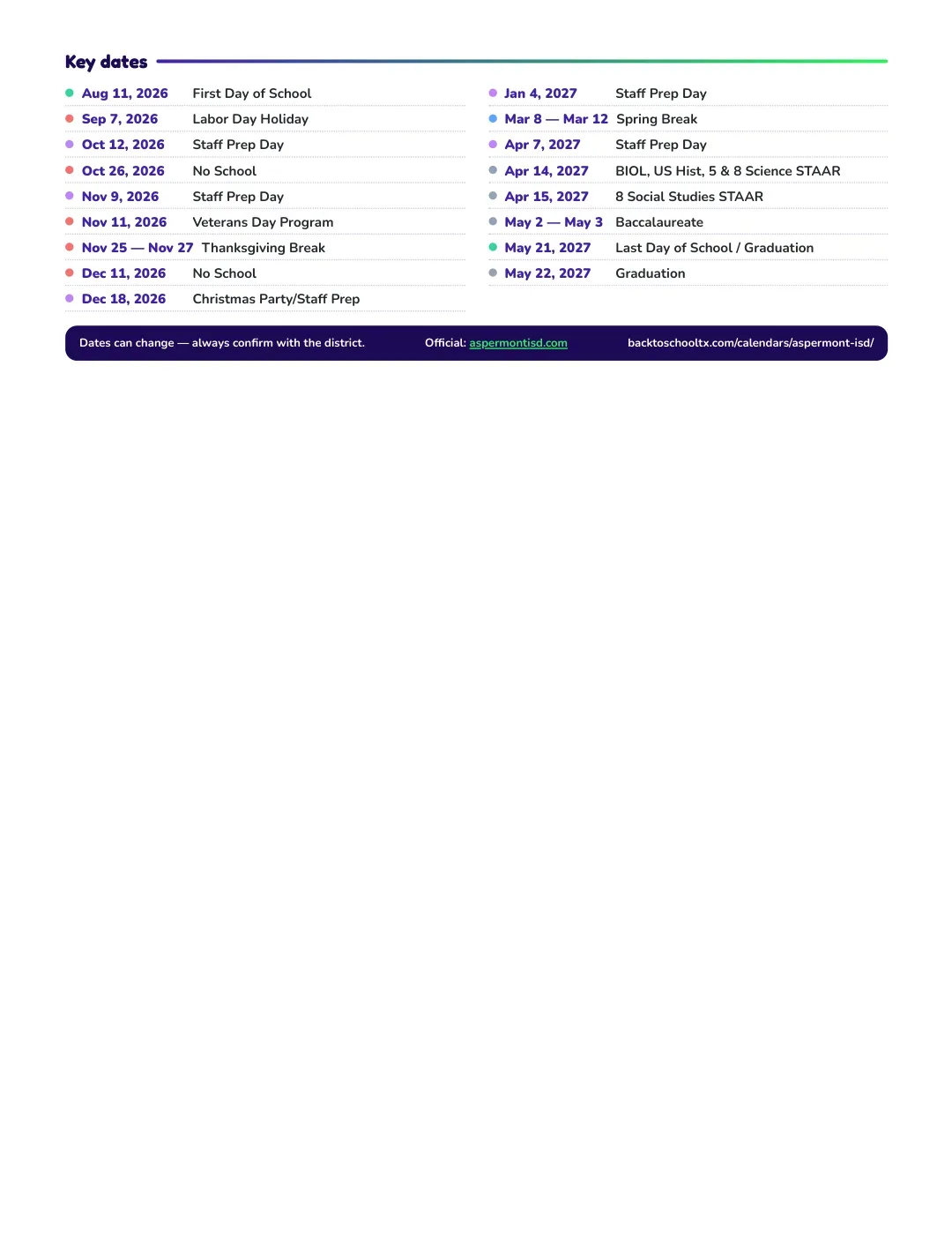 Aspermont ISD Calendar for the Year 26-27 — key dates