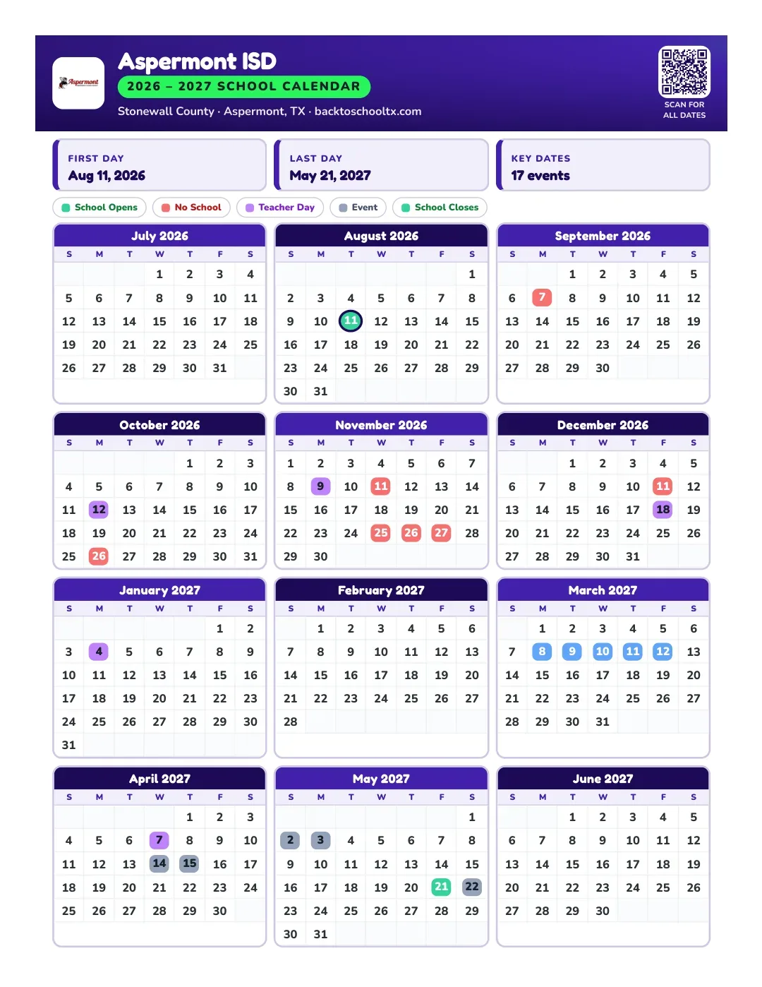 Aspermont ISD Calendar for the Year 26-27