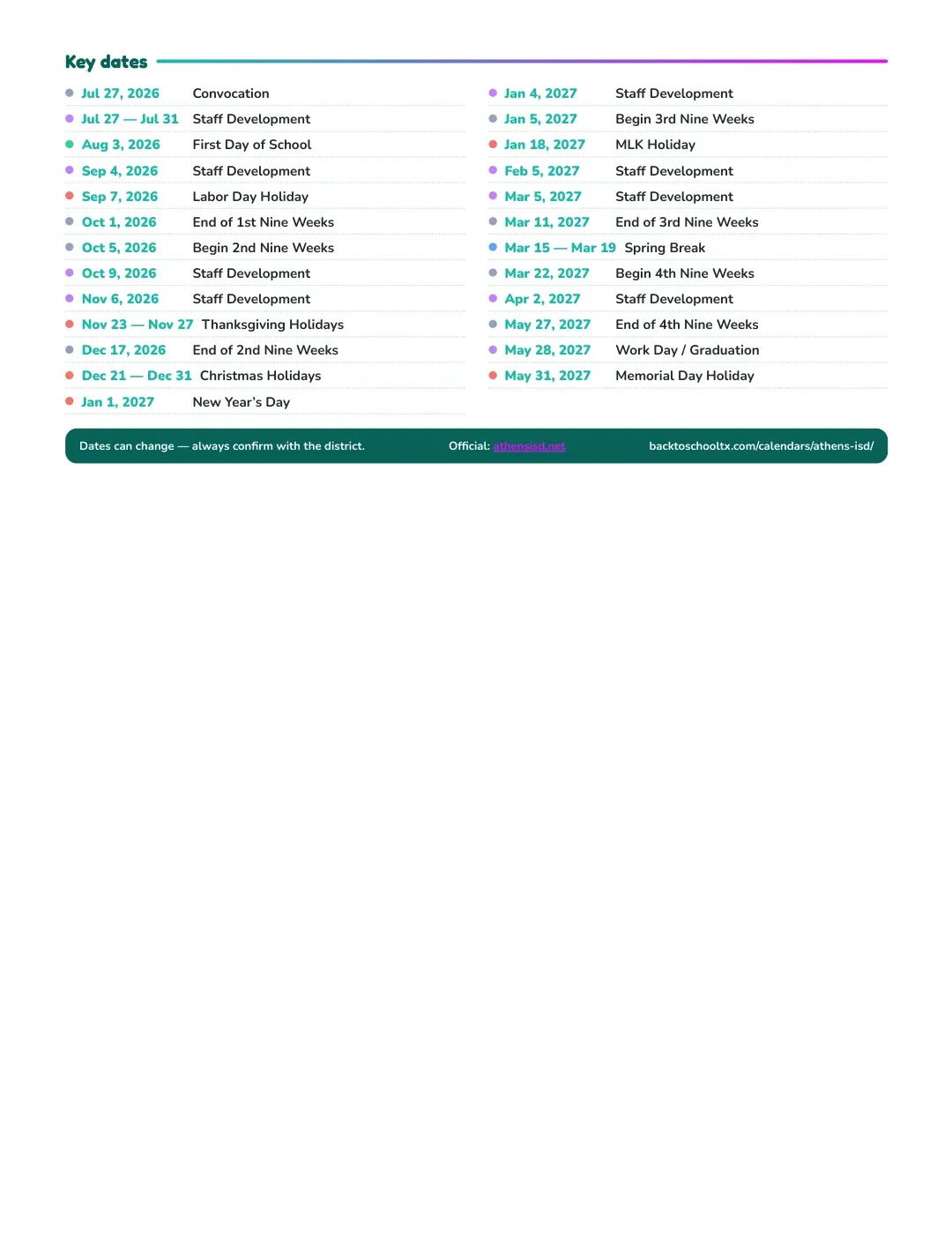 Athens ISD Calendar for the Year 26-27 — key dates