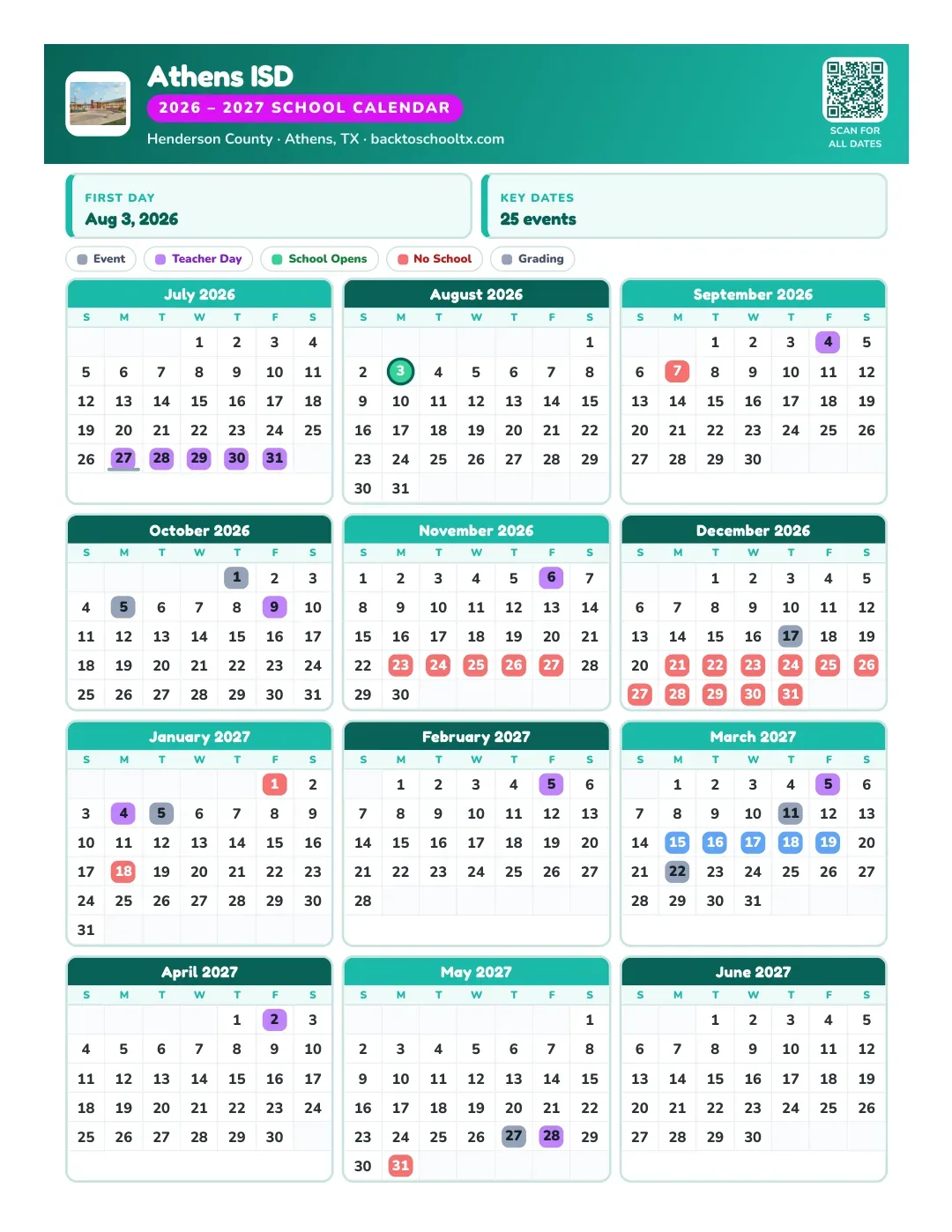 Athens ISD Calendar for the Year 26-27