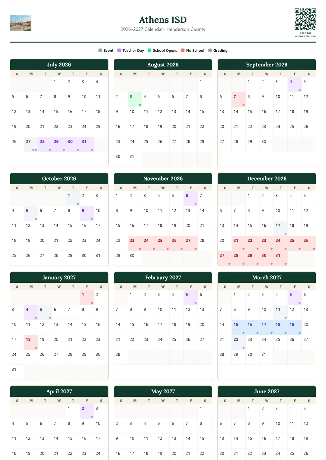 Athens ISD printable 2026–2027 calendar