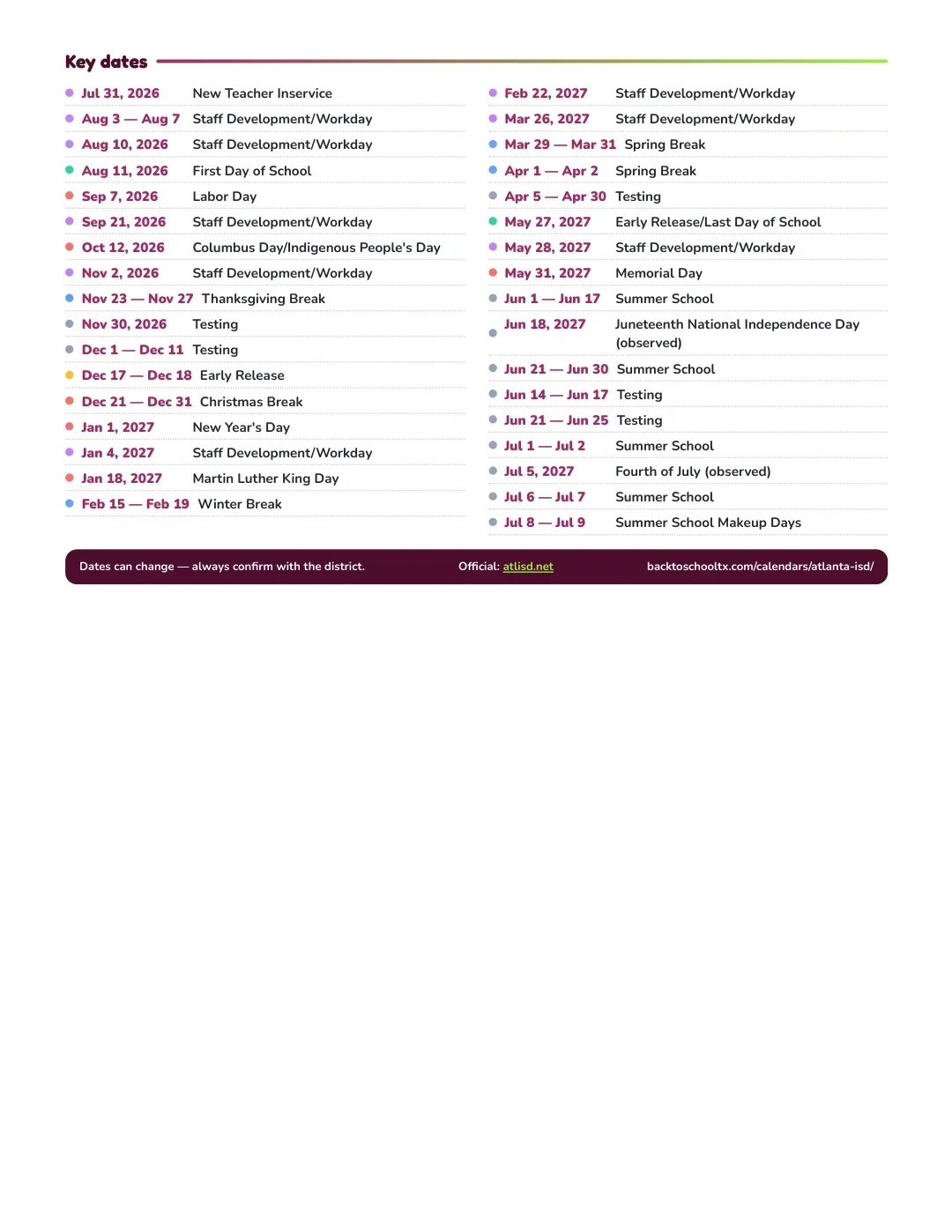 Atlanta ISD Calendar for the Year 26-27 — key dates