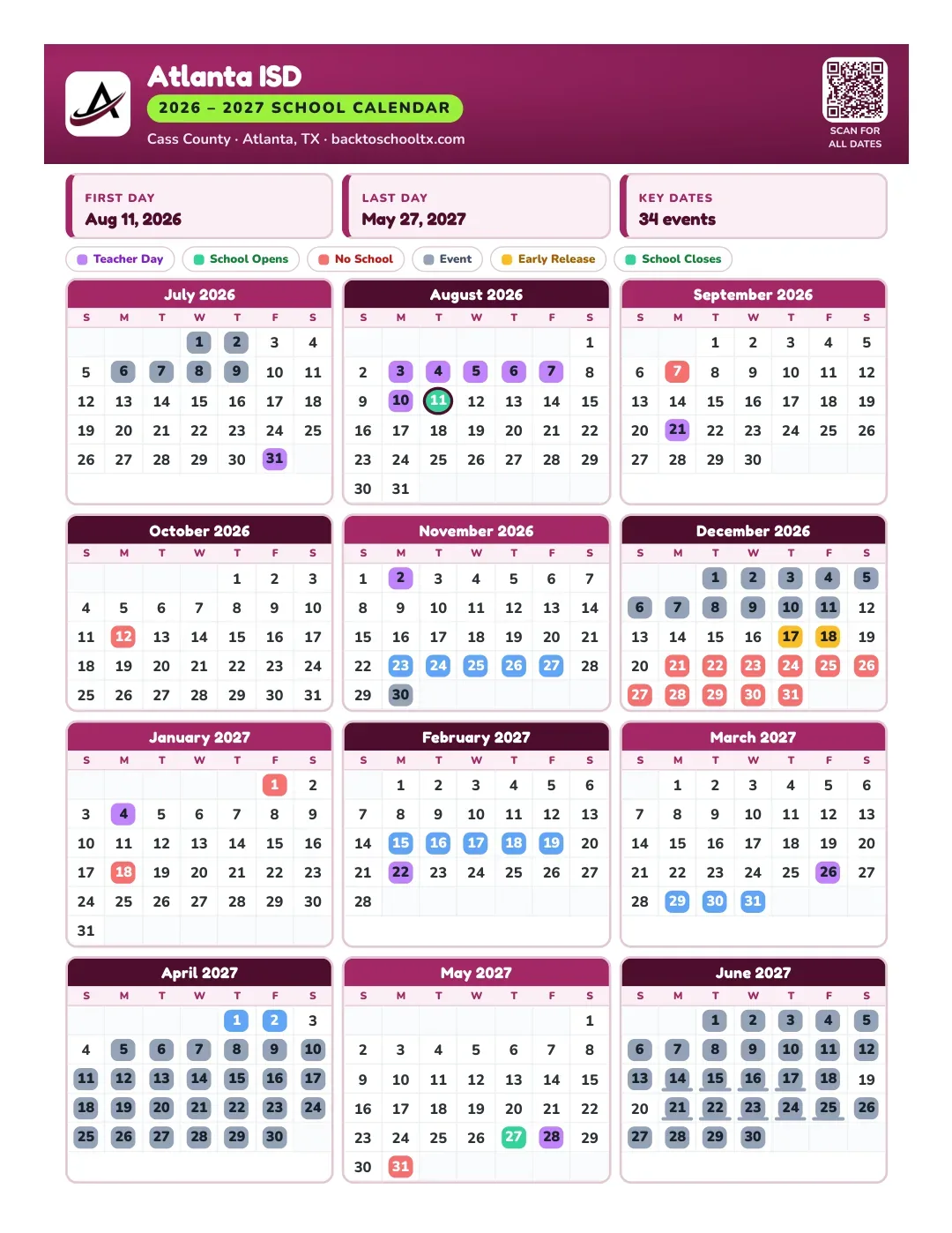 Atlanta ISD Calendar for the Year 26-27