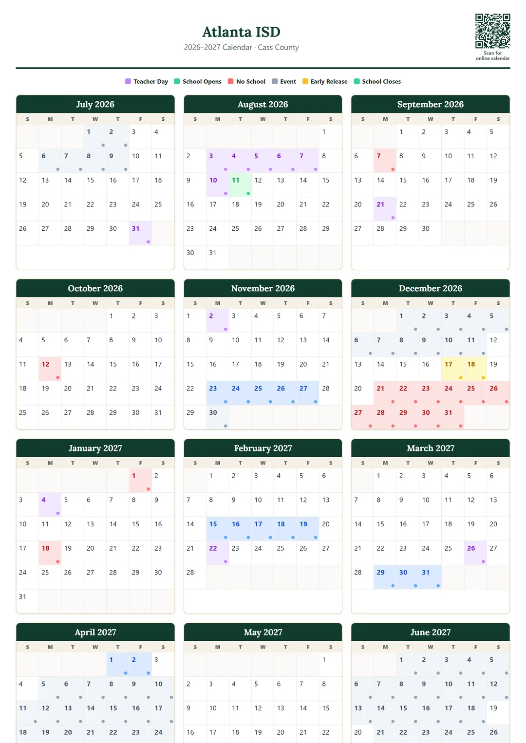 Atlanta ISD printable 2026–2027 calendar