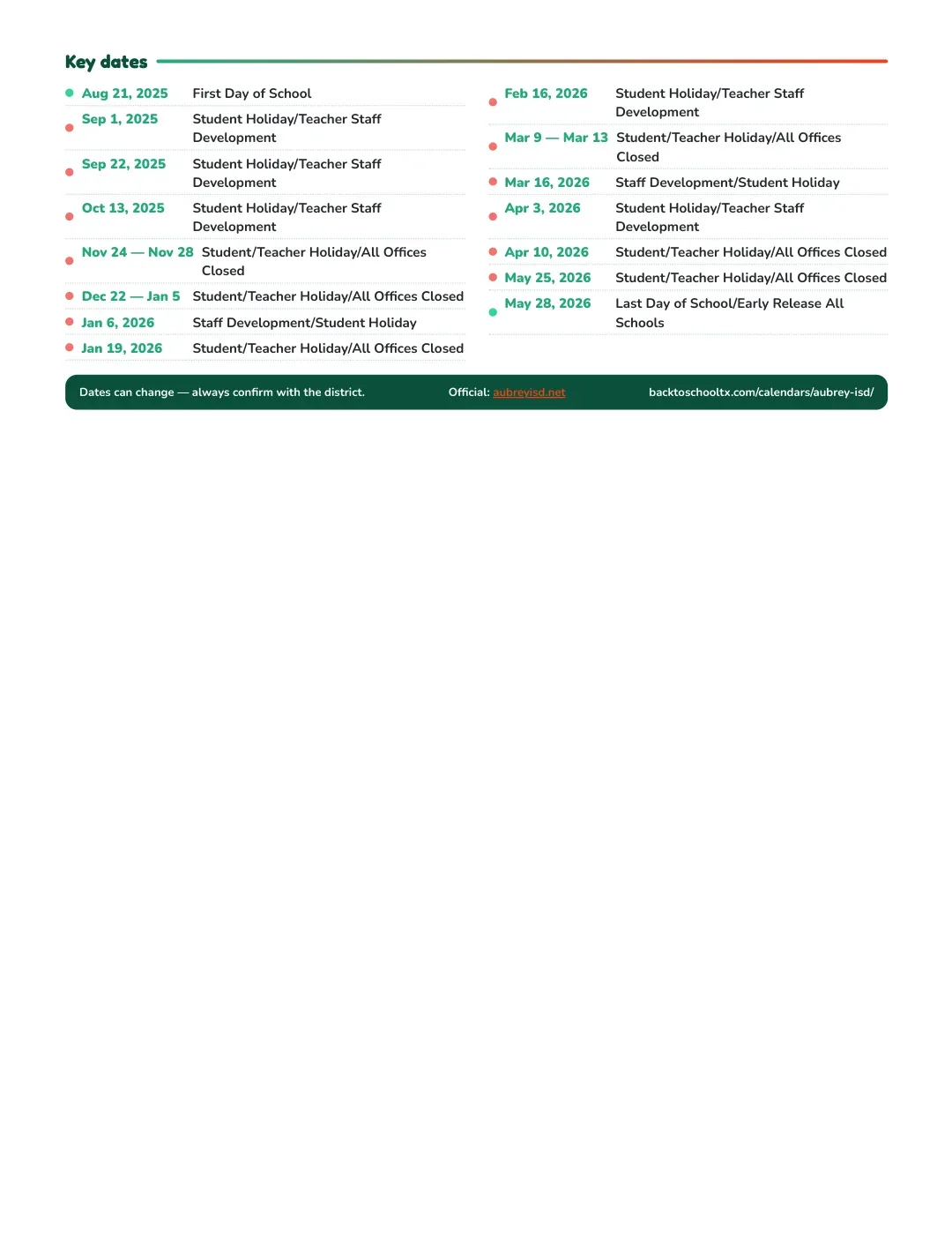 Aubrey ISD Calendar for the Year 26-27 — key dates