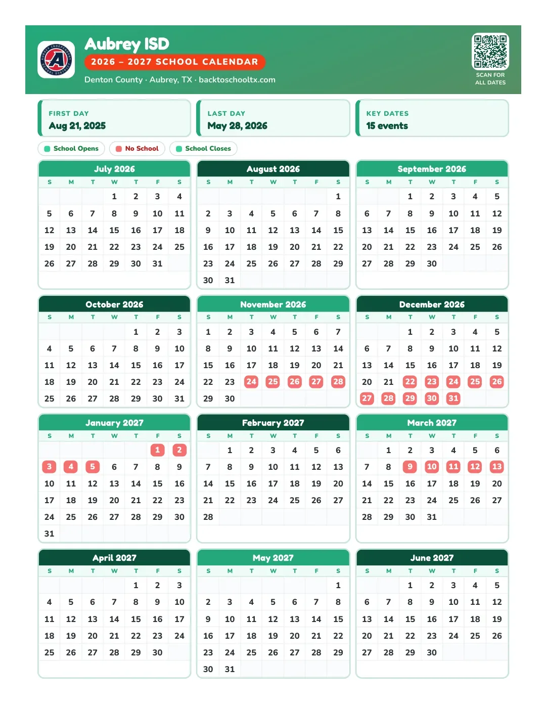 Aubrey ISD Calendar for the Year 26-27