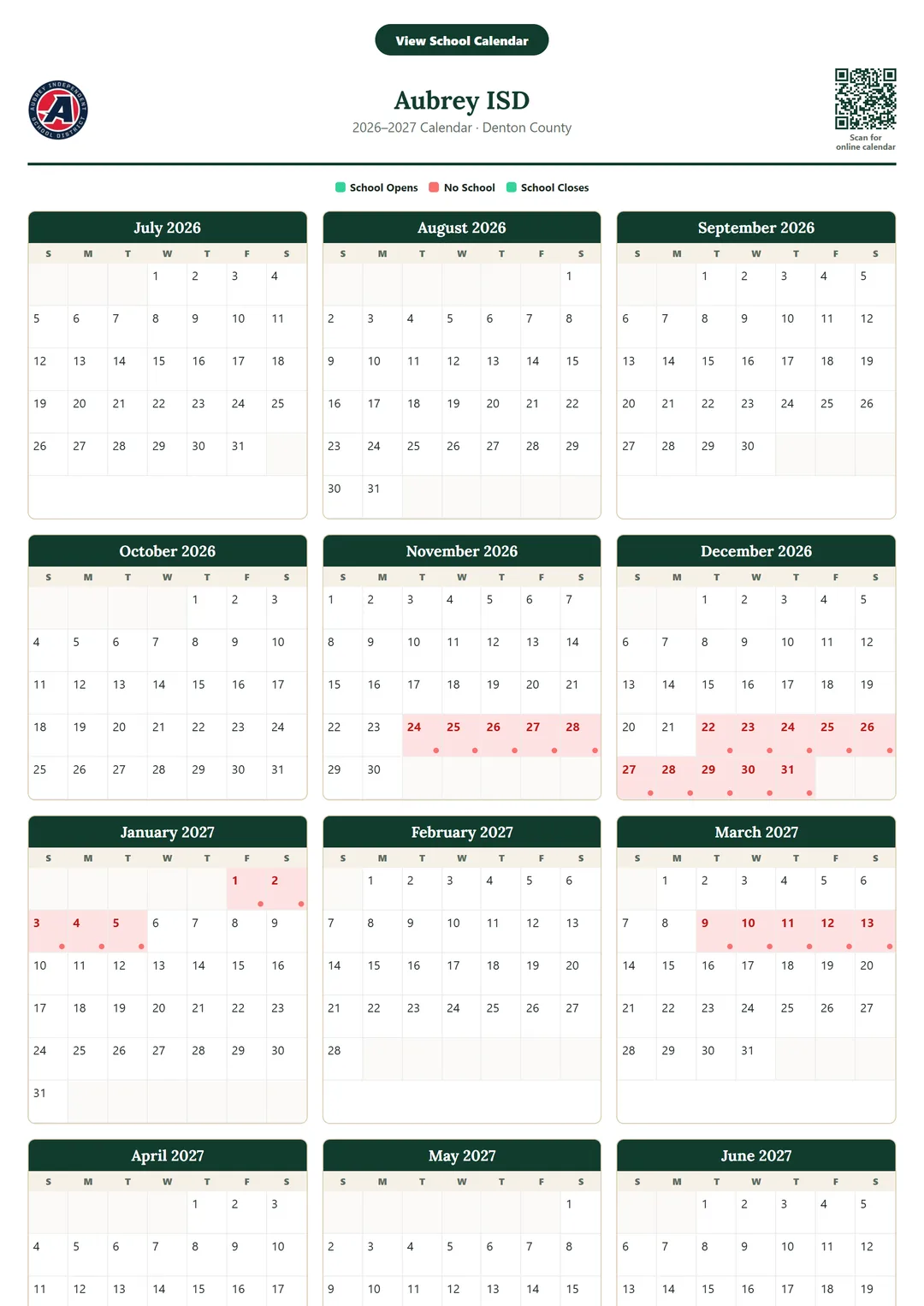 Aubrey ISD printable 2026–2027 calendar