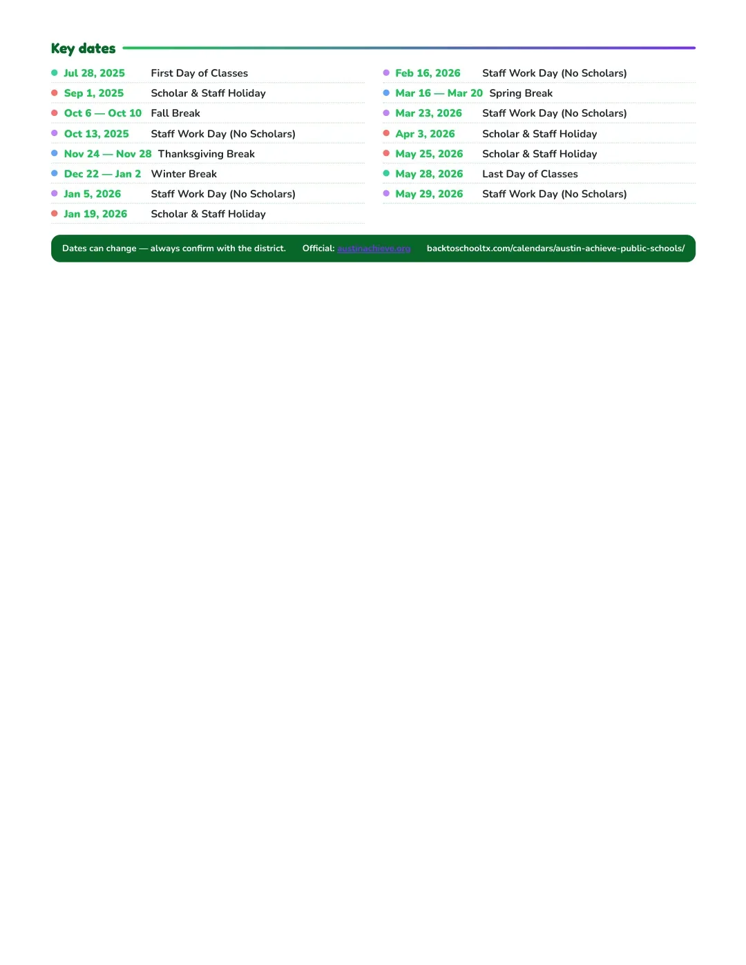 Austin Achieve Public Schools Calendar for the Year 26-27 — key dates