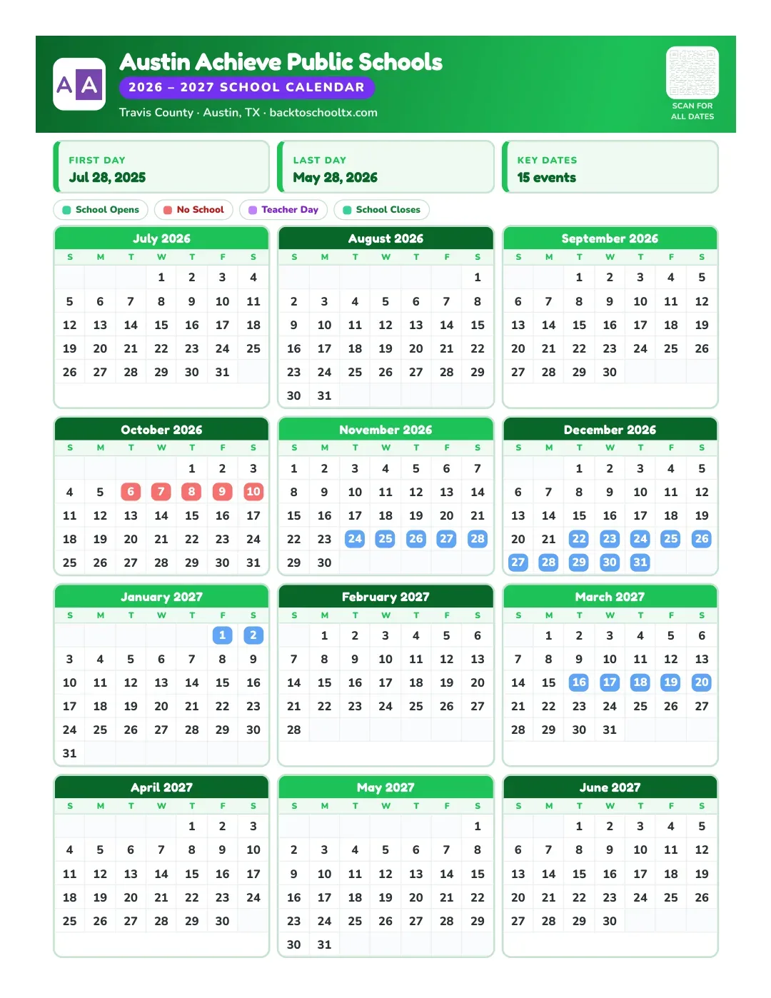Austin Achieve Public Schools Calendar for the Year 26-27