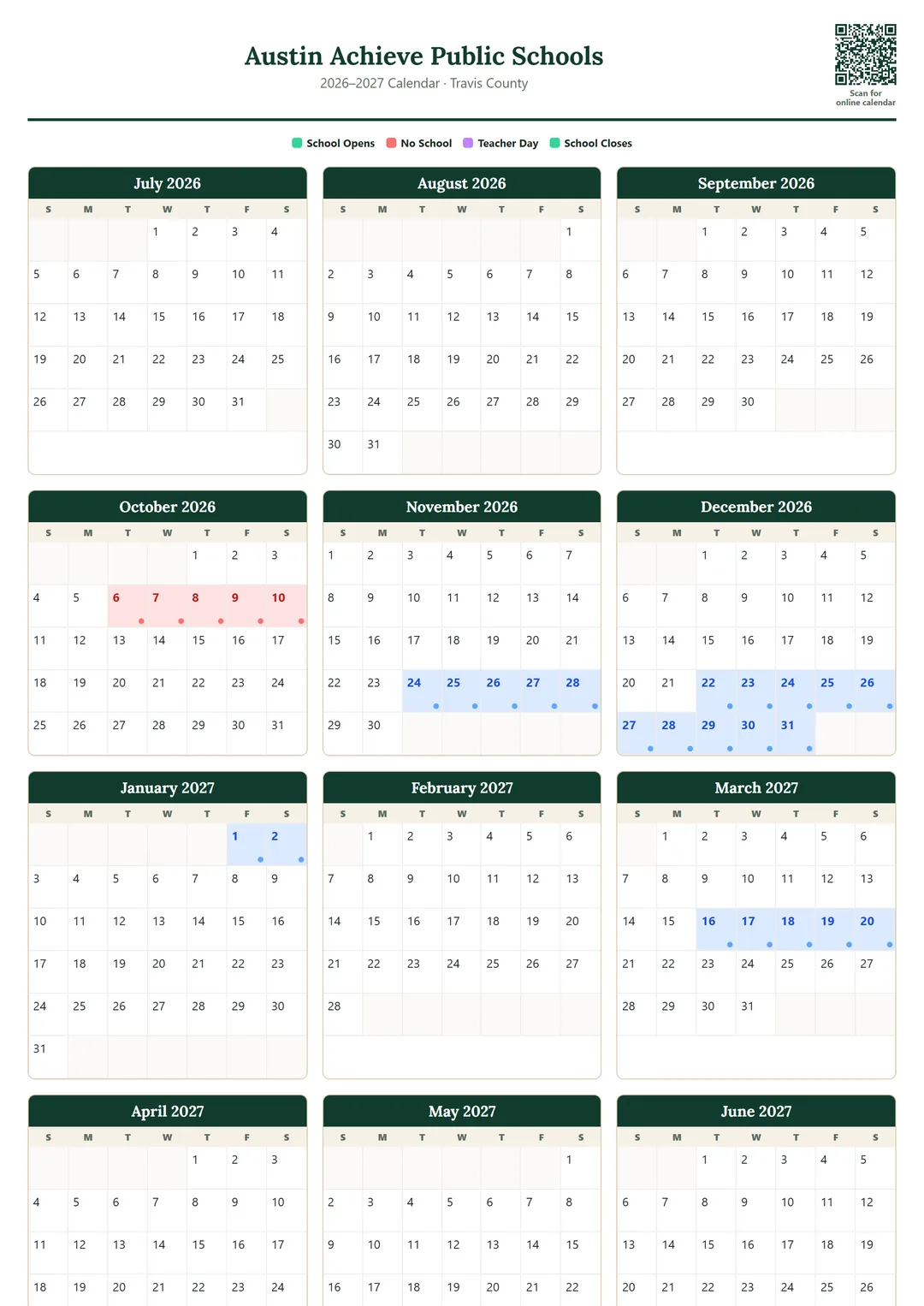 Austin Achieve Public Schools printable 2026–2027 calendar