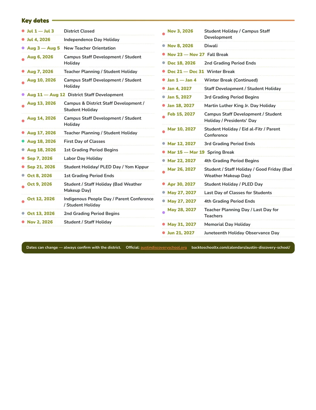 Austin Discovery School Calendar for the Year 26-27 — key dates
