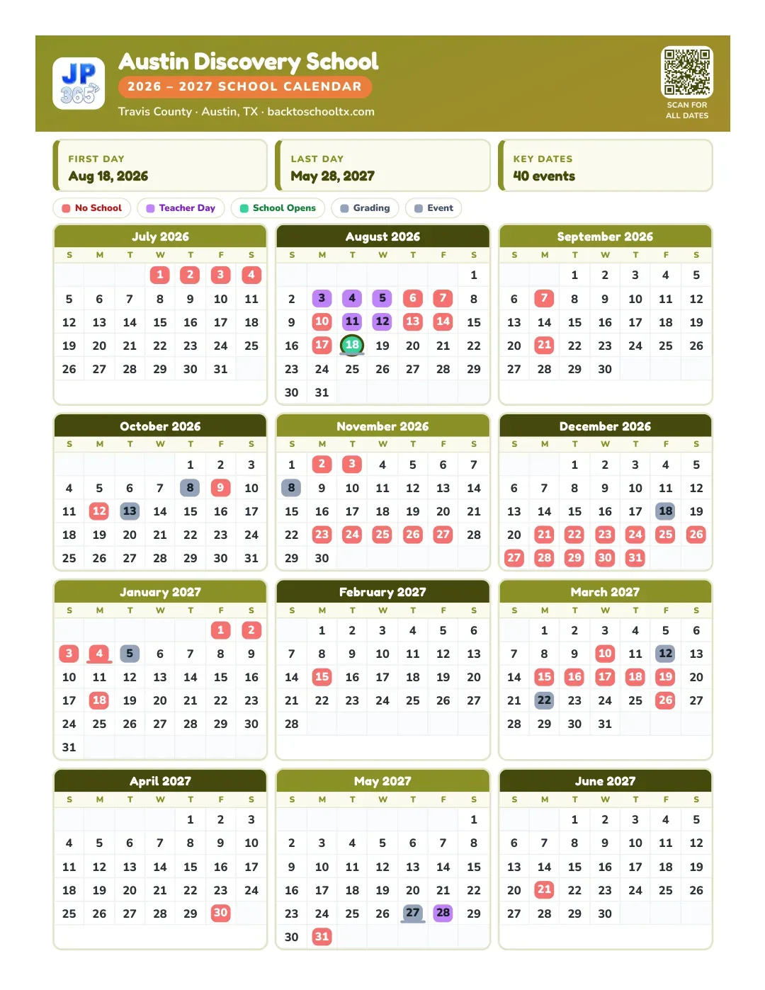 Austin Discovery School Calendar for the Year 26-27