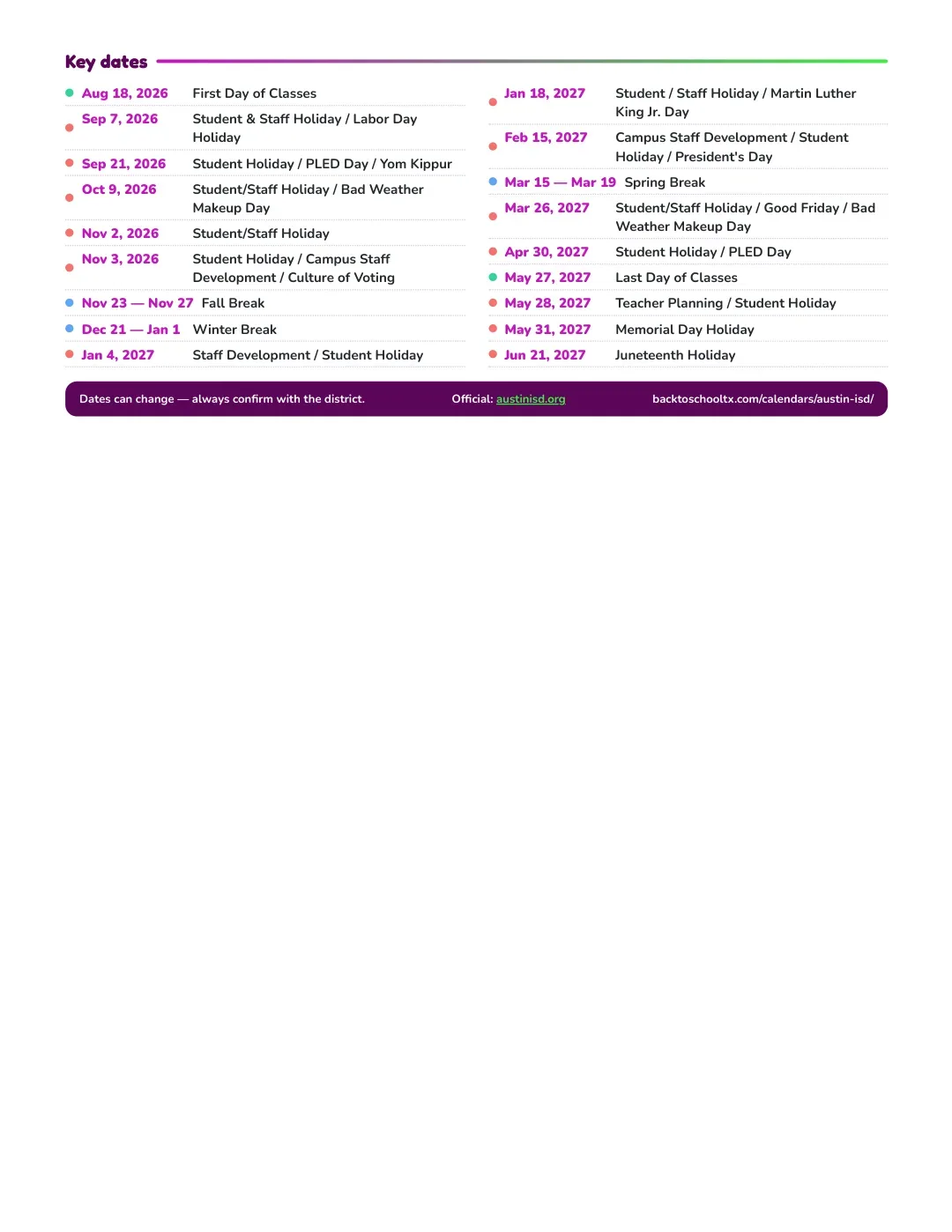 Austin ISD Calendar for the Year 26-27 — key dates