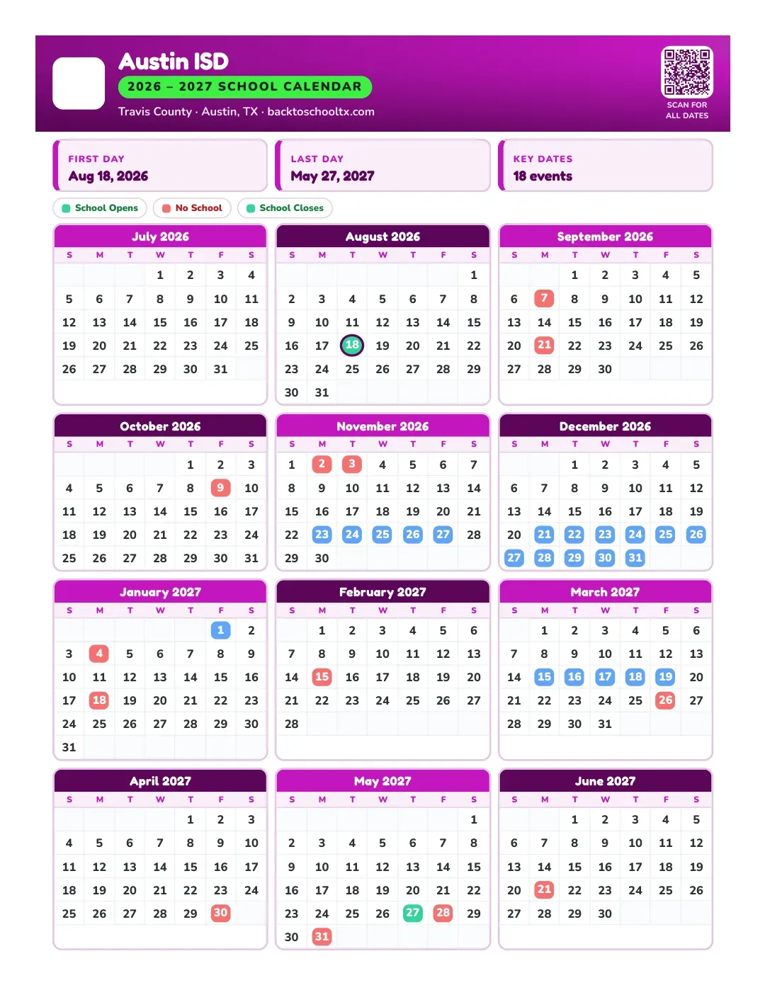 Austin ISD Calendar for the Year 26-27