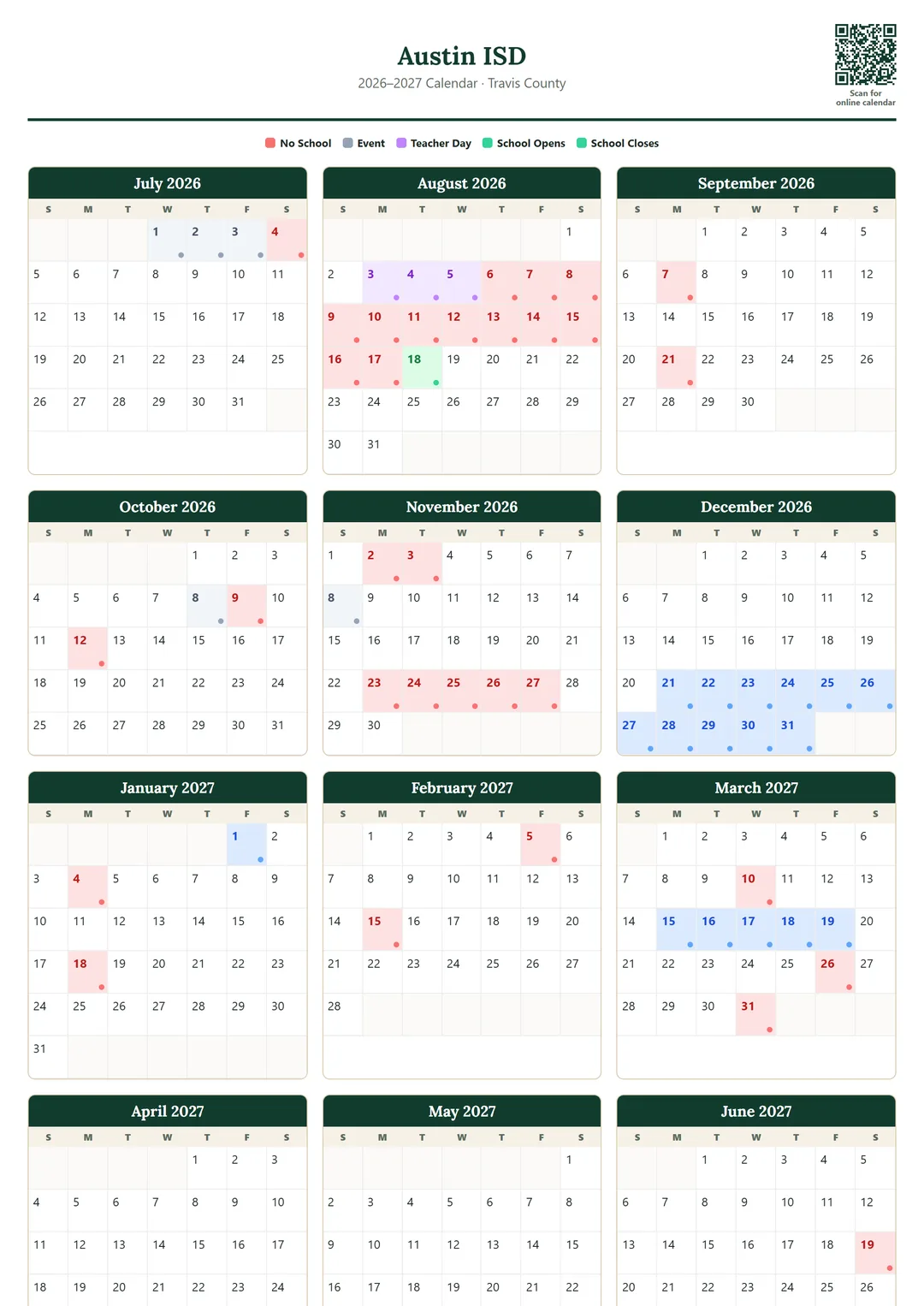 Austin ISD printable 2026–2027 calendar