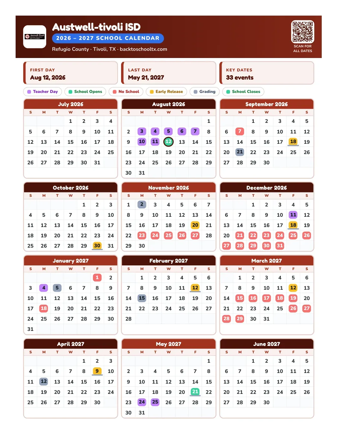 Austwell-tivoli ISD Calendar for the Year 26-27