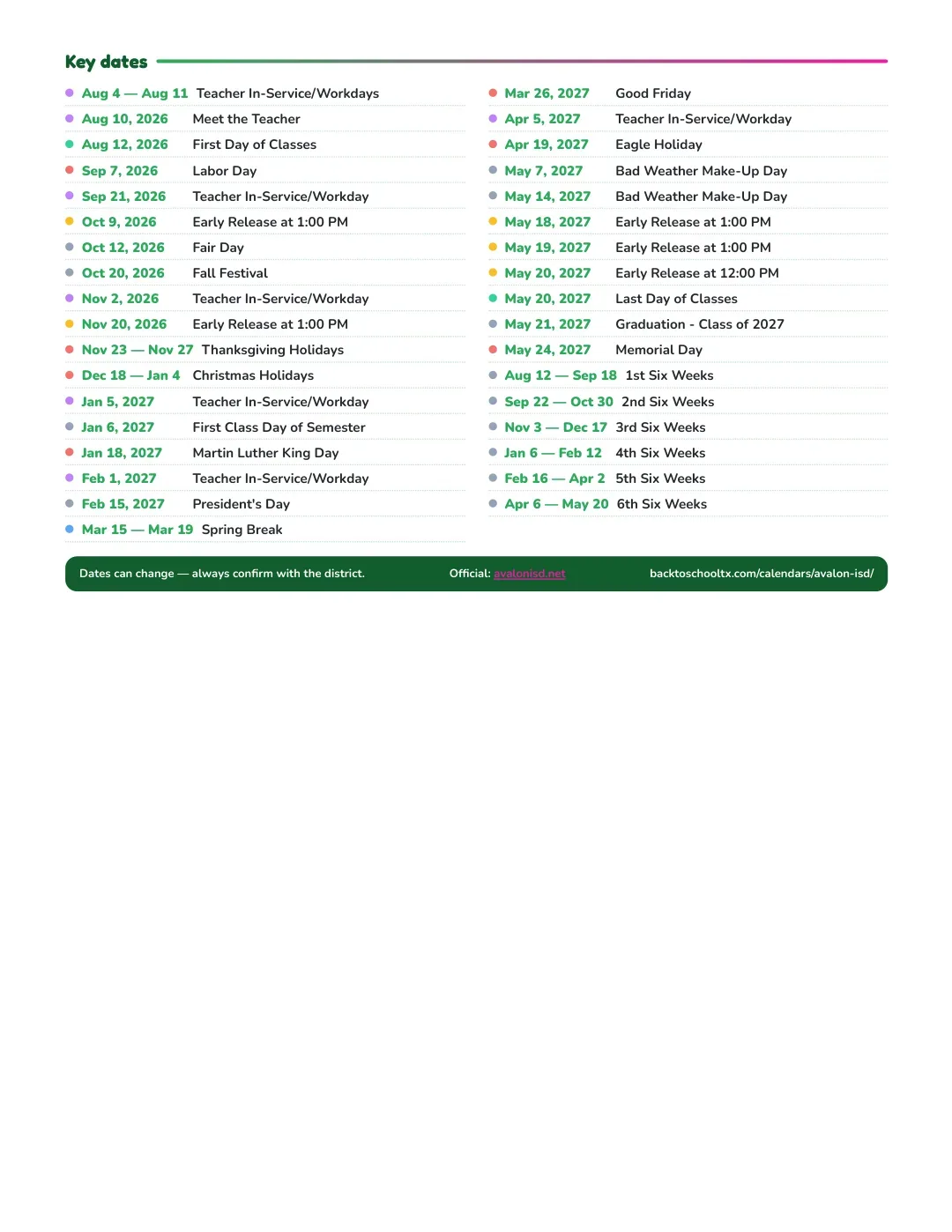 Avalon ISD Calendar for the Year 26-27 — key dates