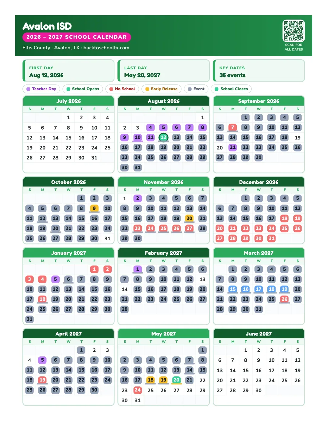 Avalon ISD Calendar for the Year 26-27