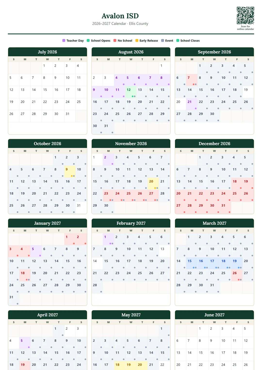 Avalon ISD printable 2026–2027 calendar