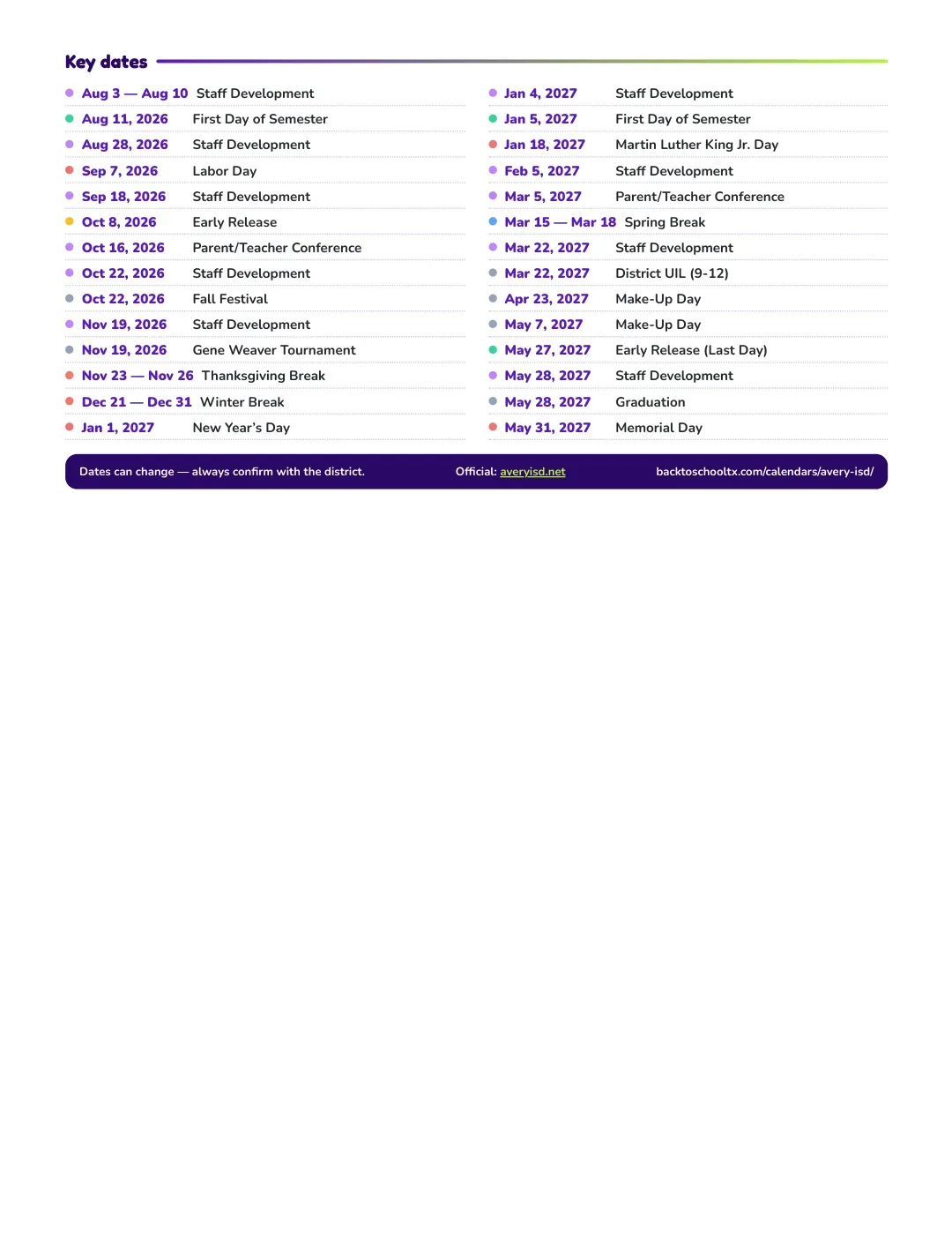 Avery ISD Calendar for the Year 26-27 — key dates