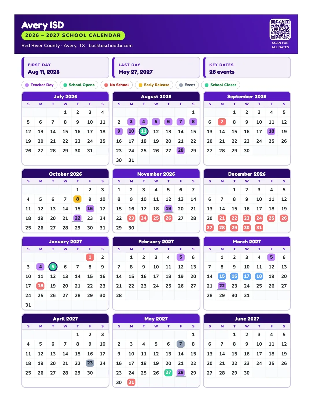Avery ISD Calendar for the Year 26-27