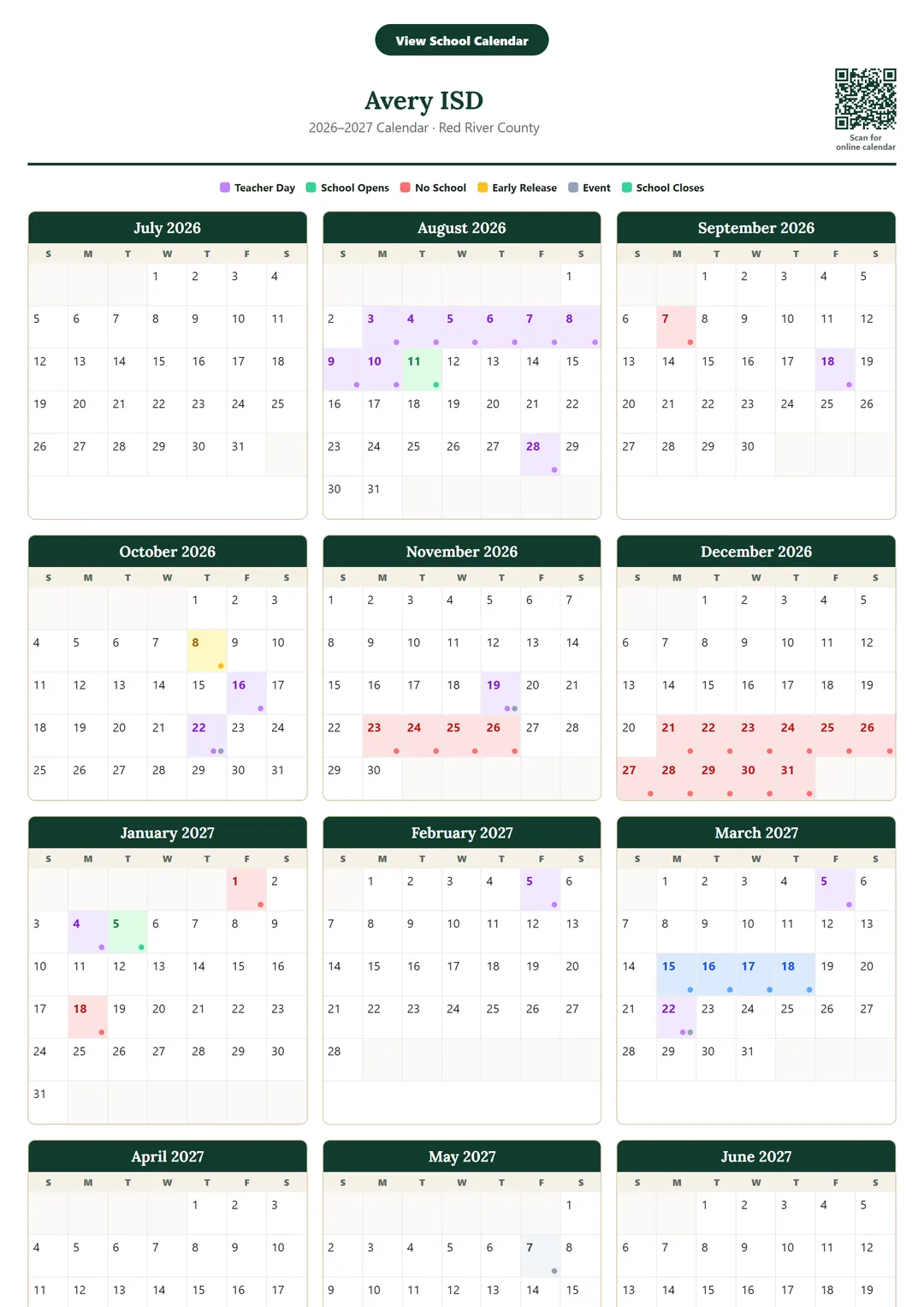 Avery ISD printable 2026–2027 calendar