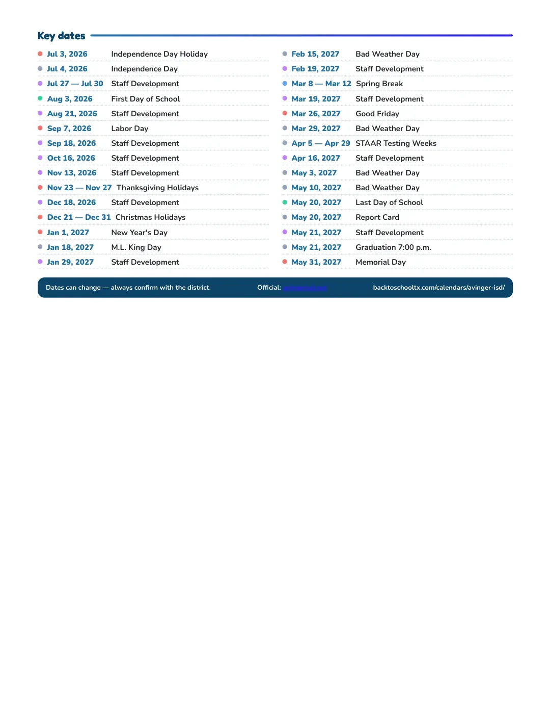 Avinger ISD Calendar for the Year 26-27 — key dates