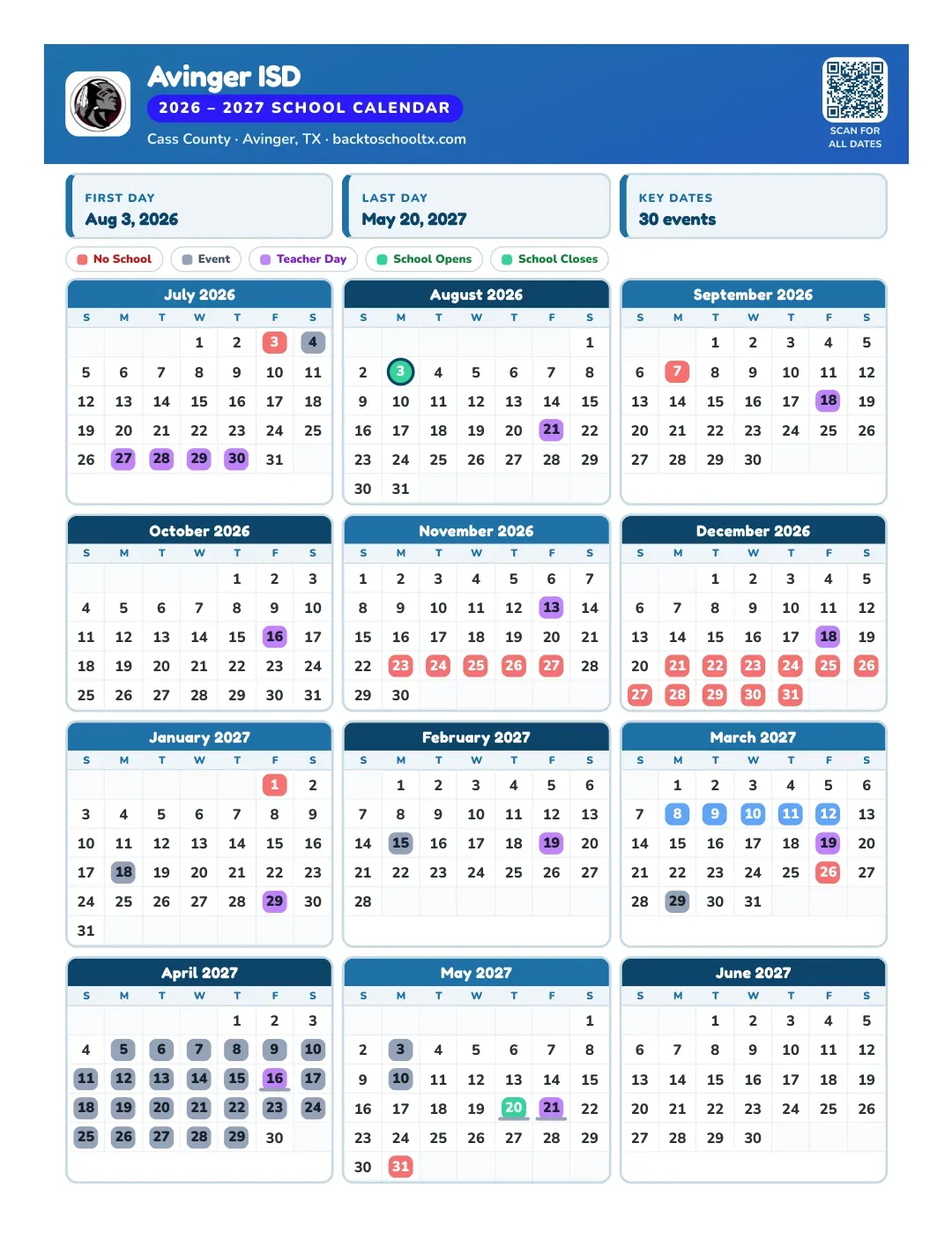 Avinger ISD Calendar for the Year 26-27