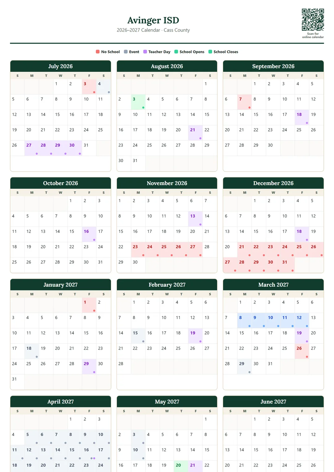 Avinger ISD printable 2026–2027 calendar