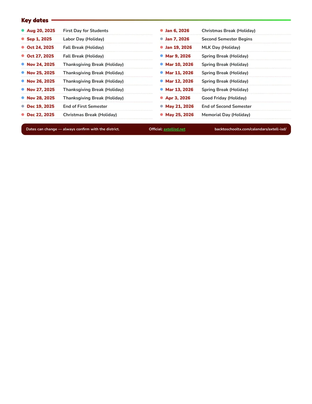 Axtell ISD Calendar for the Year 26-27 — key dates