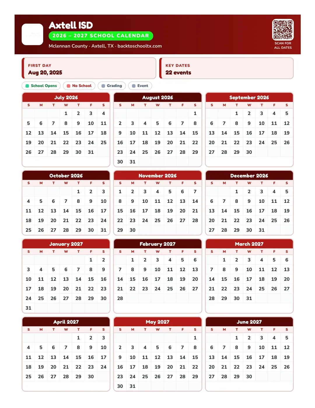 Axtell ISD Calendar for the Year 26-27