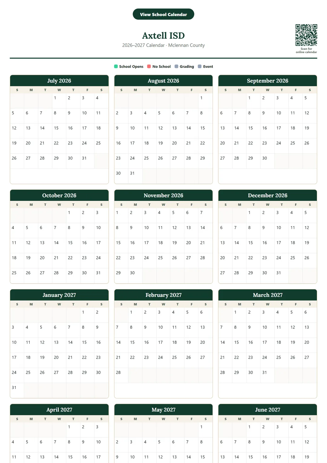 Axtell ISD printable 2026–2027 calendar