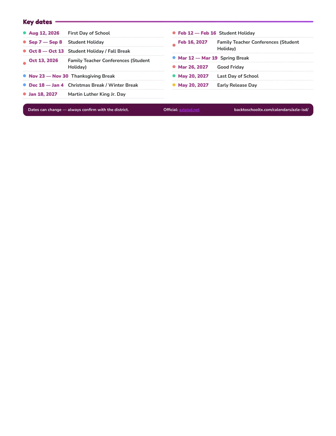 Azle ISD Calendar for the Year 26-27 — key dates