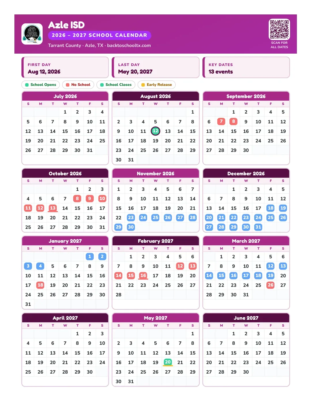 Azle ISD Calendar for the Year 26-27
