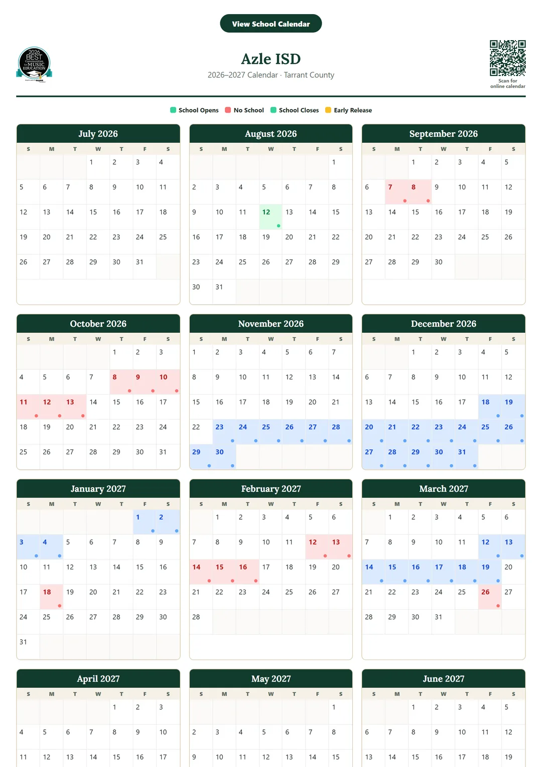 Azle ISD printable 2026–2027 calendar