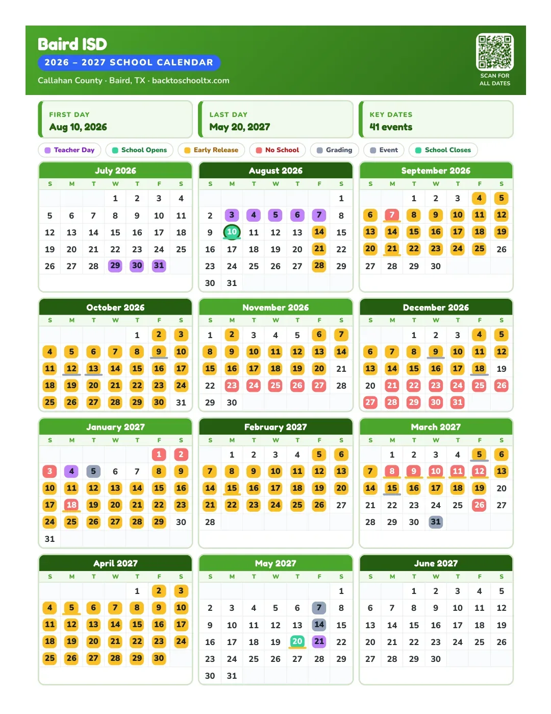 Baird ISD Calendar for the Year 26-27