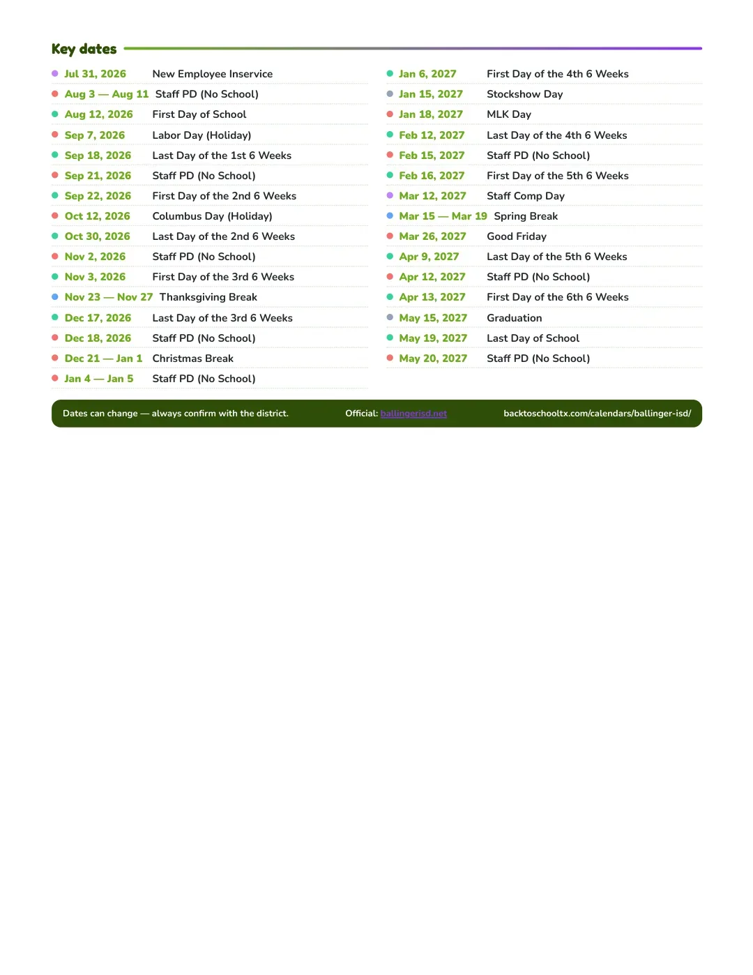 Ballinger ISD Calendar for the Year 26-27 — key dates