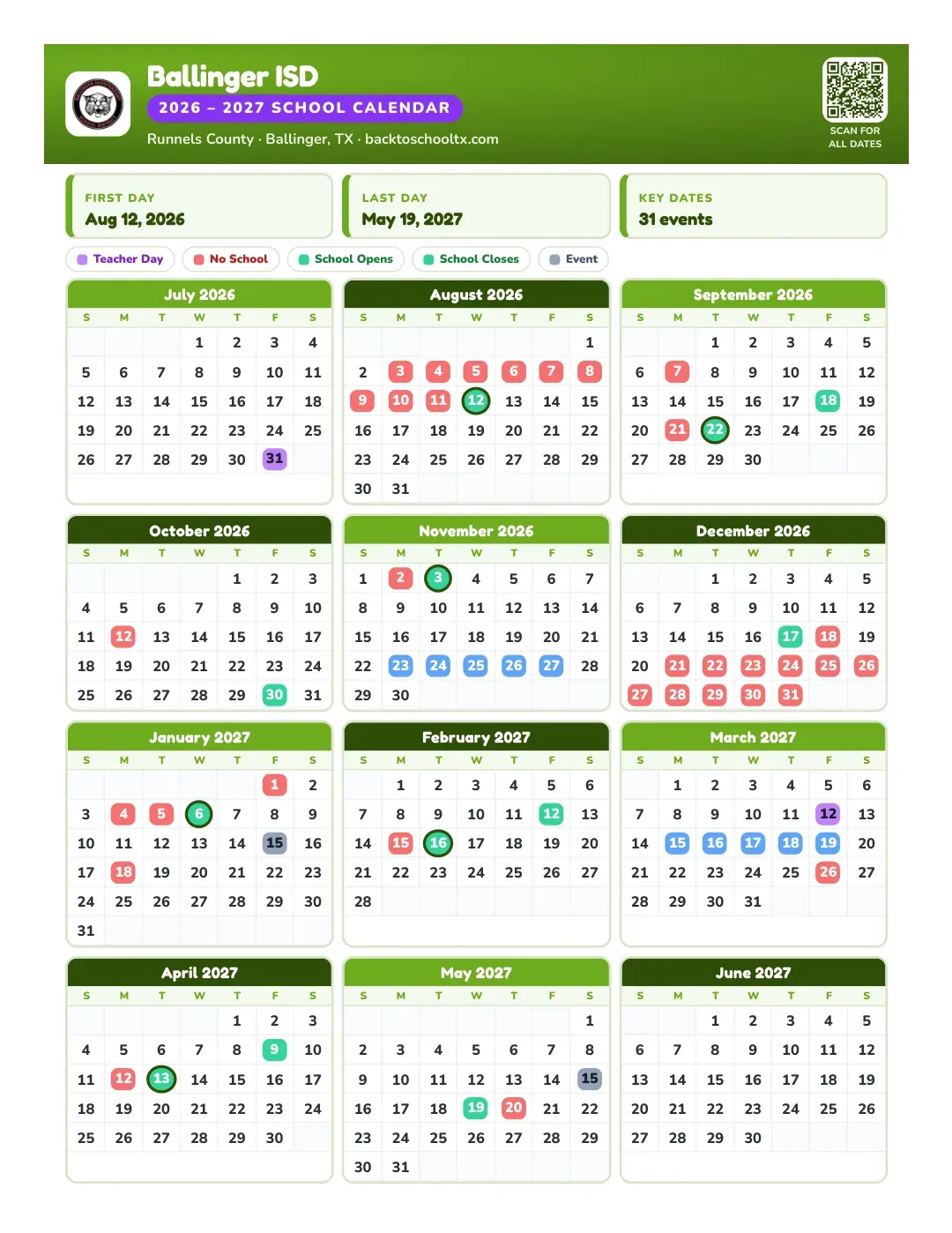 Ballinger ISD Calendar for the Year 26-27