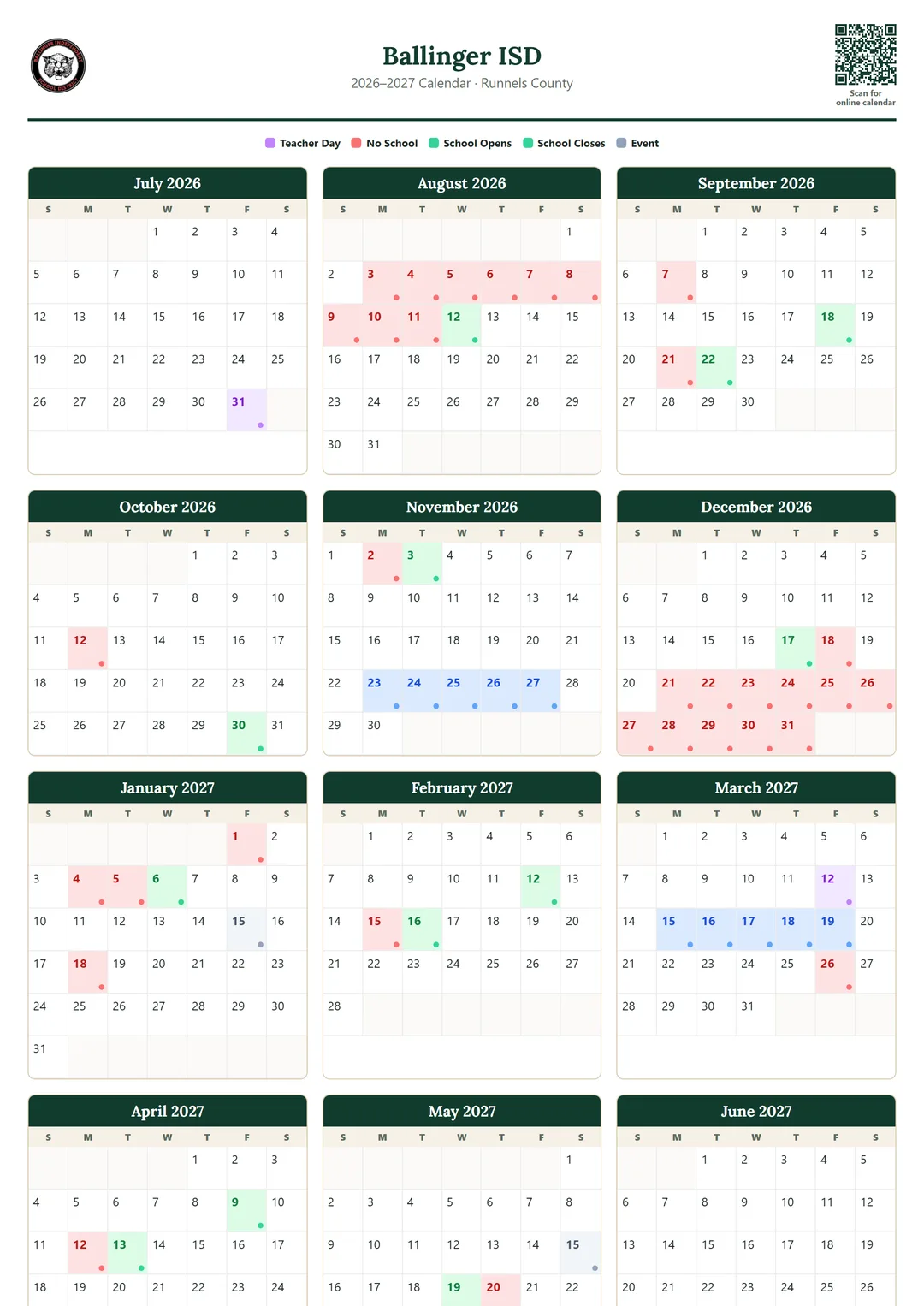 Ballinger ISD printable 2026–2027 calendar