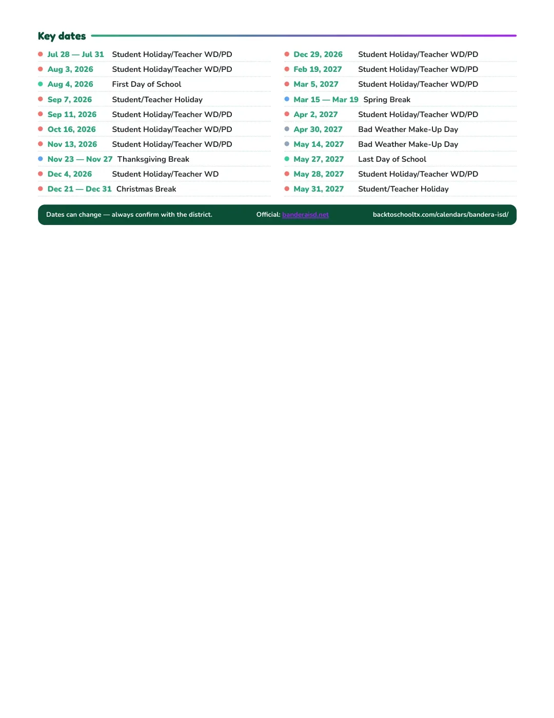 Bandera ISD Calendar for the Year 26-27 — key dates