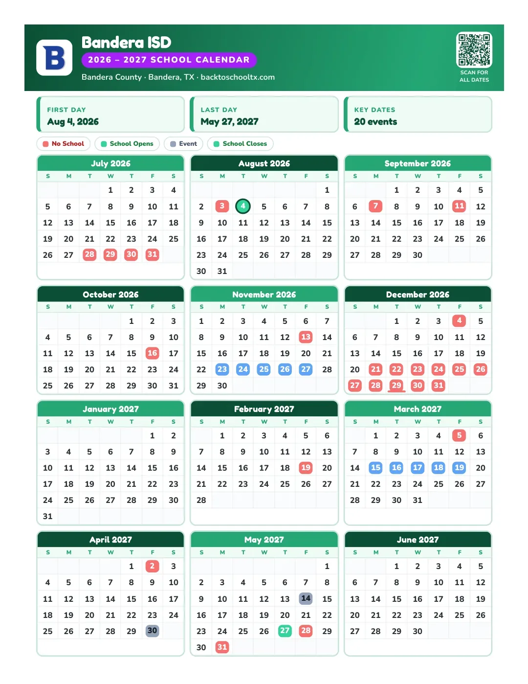 Bandera ISD Calendar for the Year 26-27