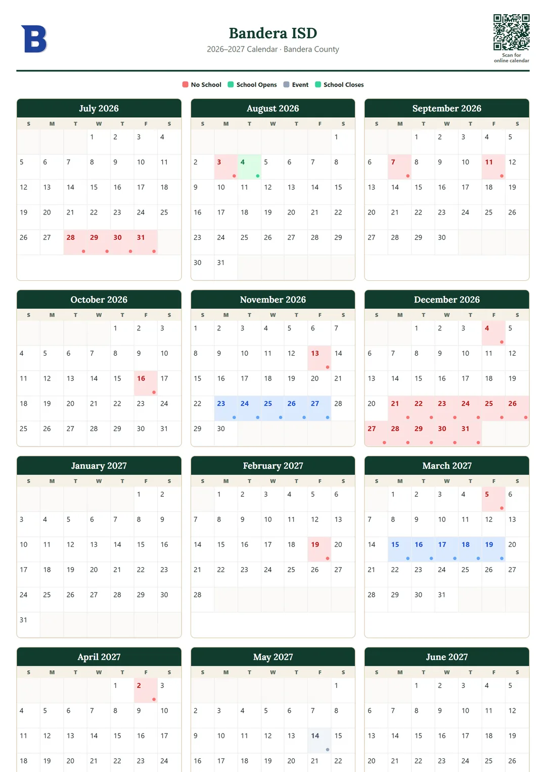 Bandera ISD printable 2026–2027 calendar