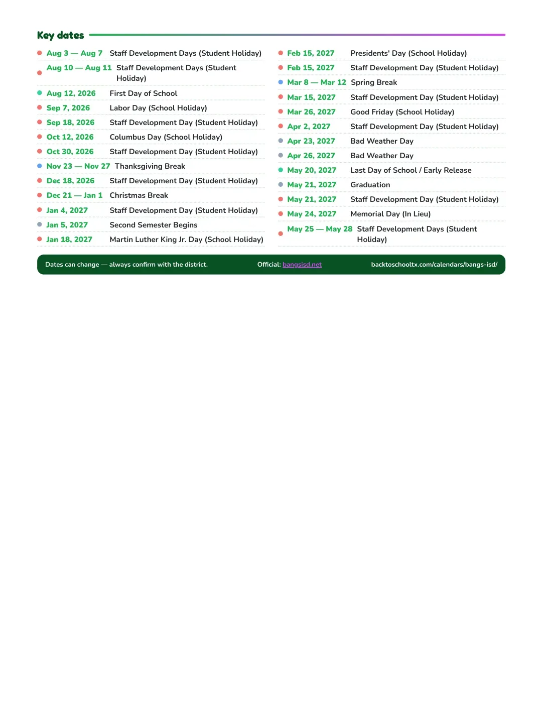 Bangs ISD Calendar for the Year 26-27 — key dates