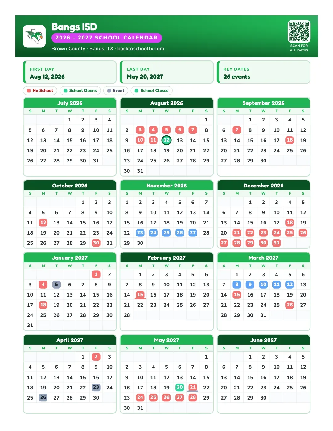 Bangs ISD Calendar for the Year 26-27
