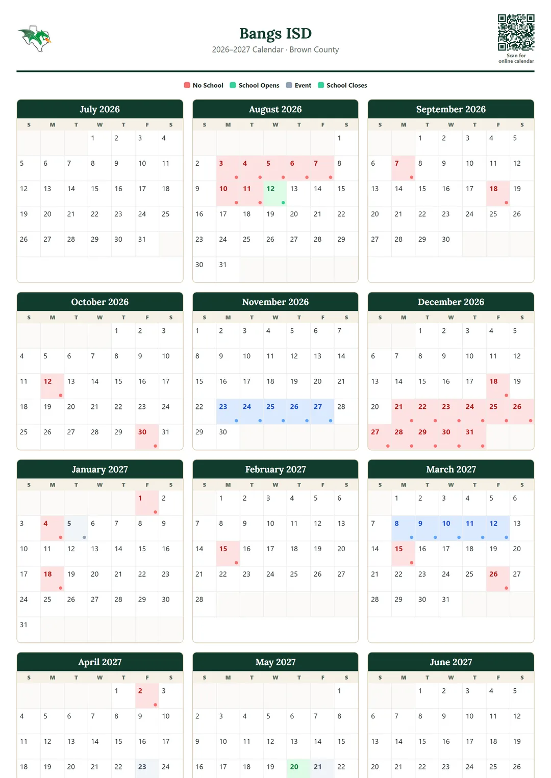 Bangs ISD printable 2026–2027 calendar