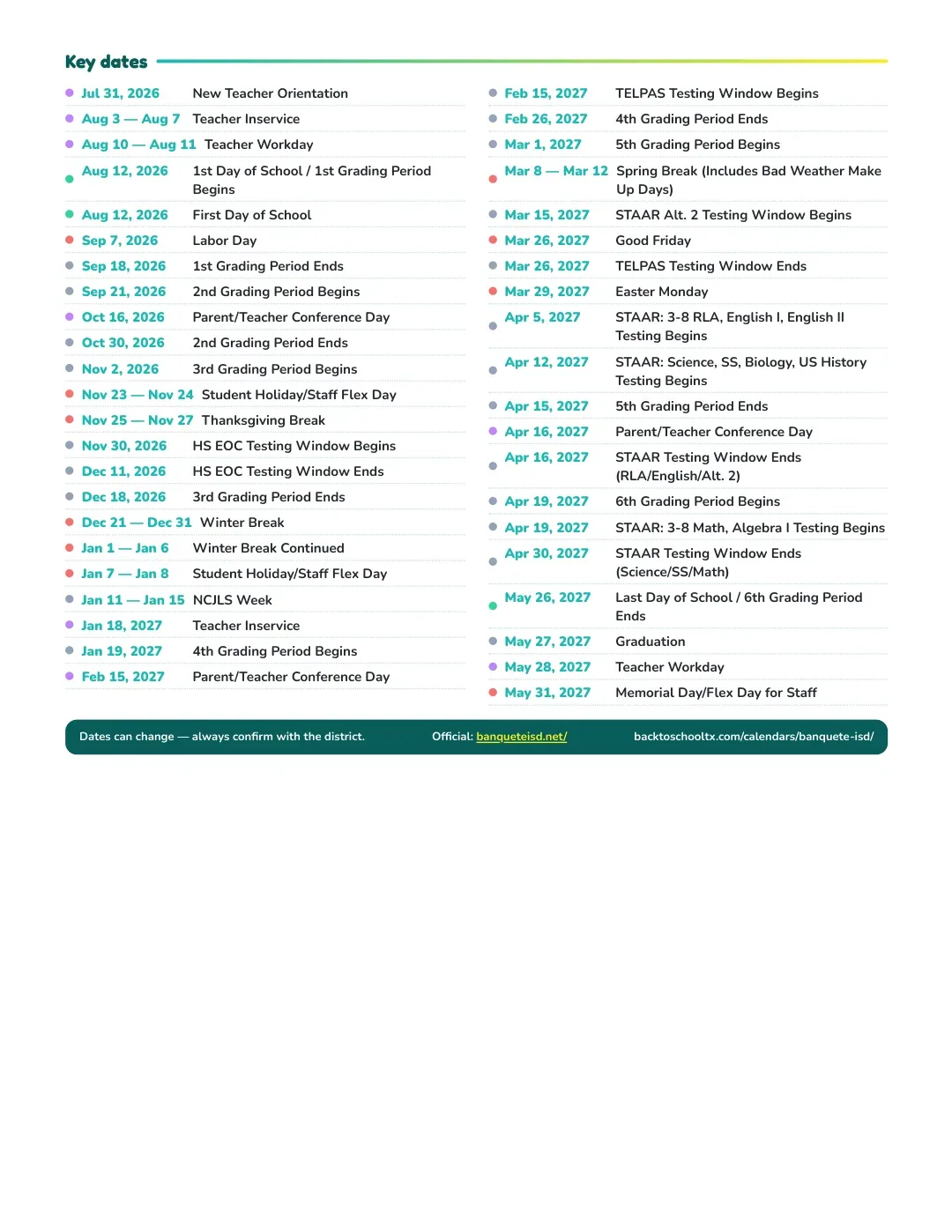 Banquete ISD Calendar for the Year 26-27 — key dates
