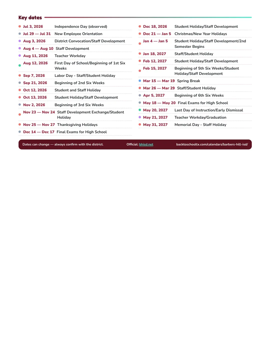 Barbers Hill ISD Calendar for the Year 26-27 — key dates