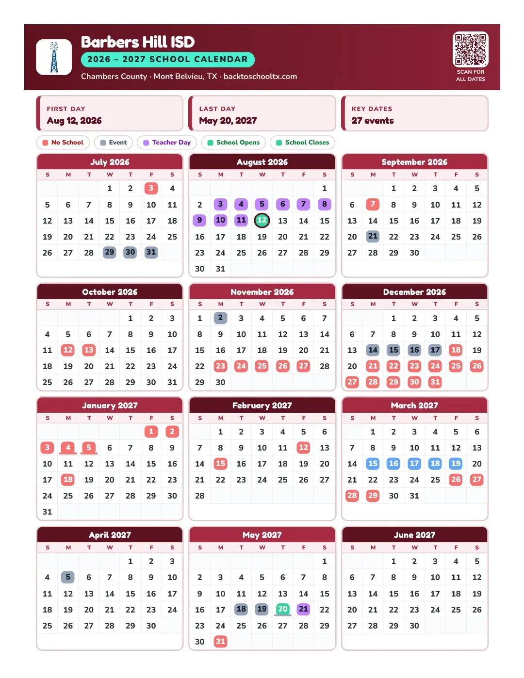 Barbers Hill ISD Calendar for the Year 26-27